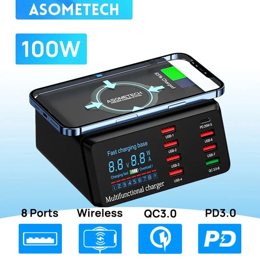 ASOMETECH 100W 9 Port USB C Charging Station with Wireless Charger