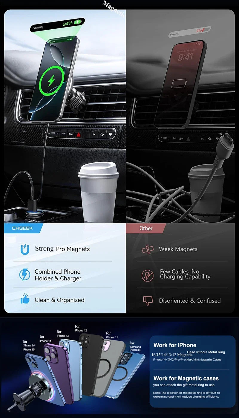 UYUXIO 30W Magnetic Wireless Car Charger Type C with Cooling Fan