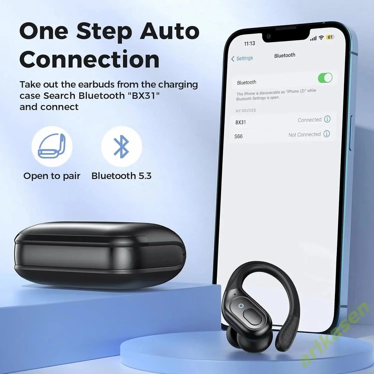 سماعات أذن رياضية Arikasen بلوتوث 5.3 بخطافات أذن وبطارية 75 ساعة