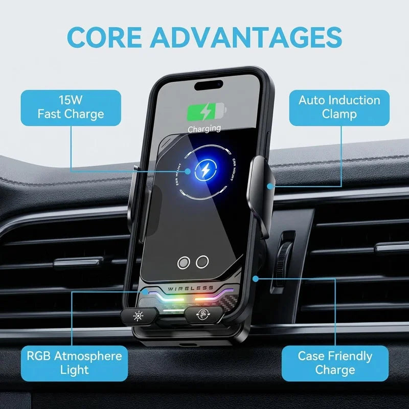 TONGDAYTECH 15W Auto Sensing Car Wireless Charger with RGB Light