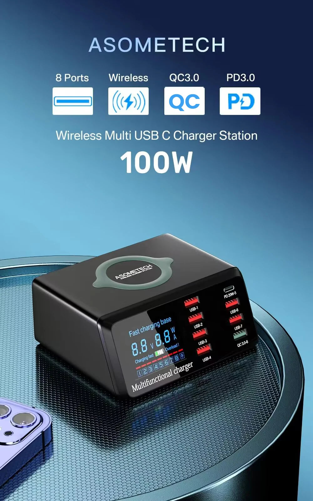 ASOMETECH 100W 9 Port USB C Charging Station with Wireless Charger