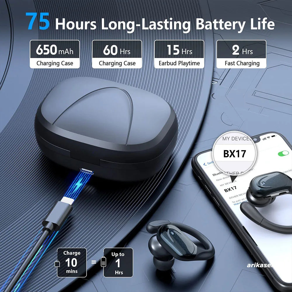 Arikasen Bluetooth 5.3 Wireless Sports Earbuds with 75H Battery Life