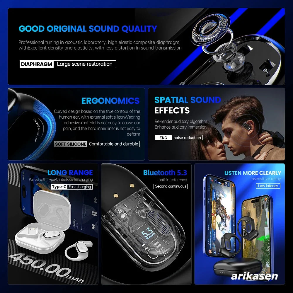 Arikasen Bluetooth 5.3 Open Ear OWS Sports Wireless Earphones