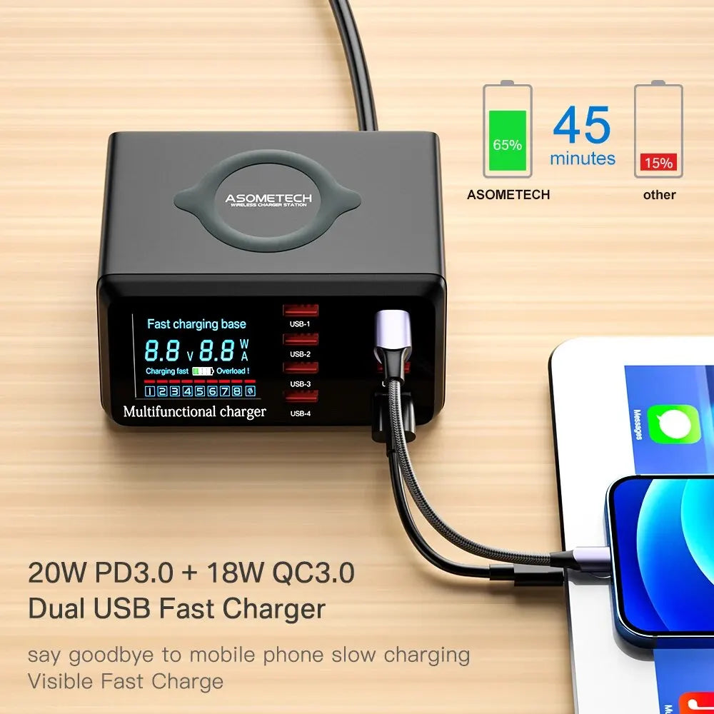 ASOMETECH 100W 9 Port USB C Charging Station with Wireless Charger