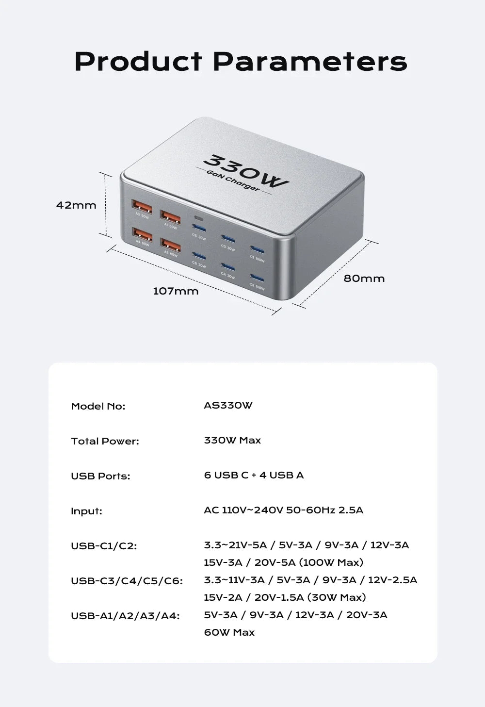 330W 10 Port GaN Desktop Charger USB C Fast Charging Station