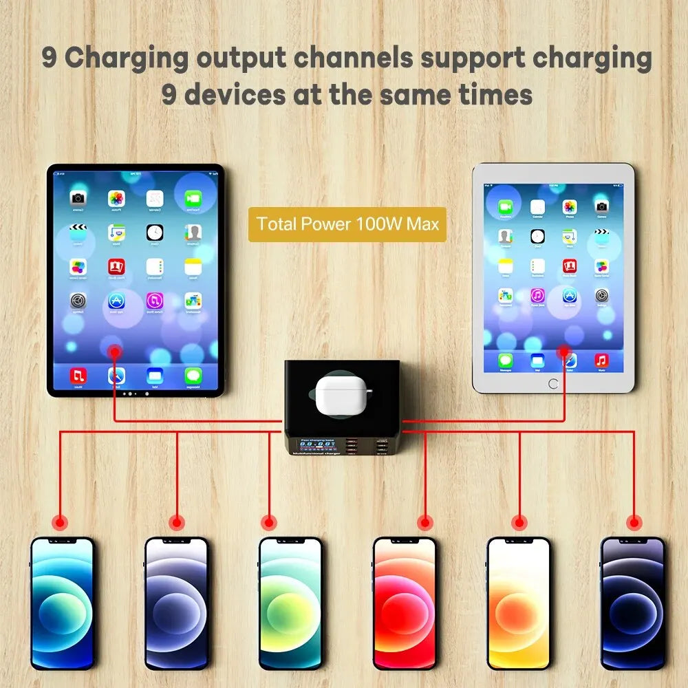 ASOMETECH 100W 9 Port USB C Charging Station with Wireless Charger