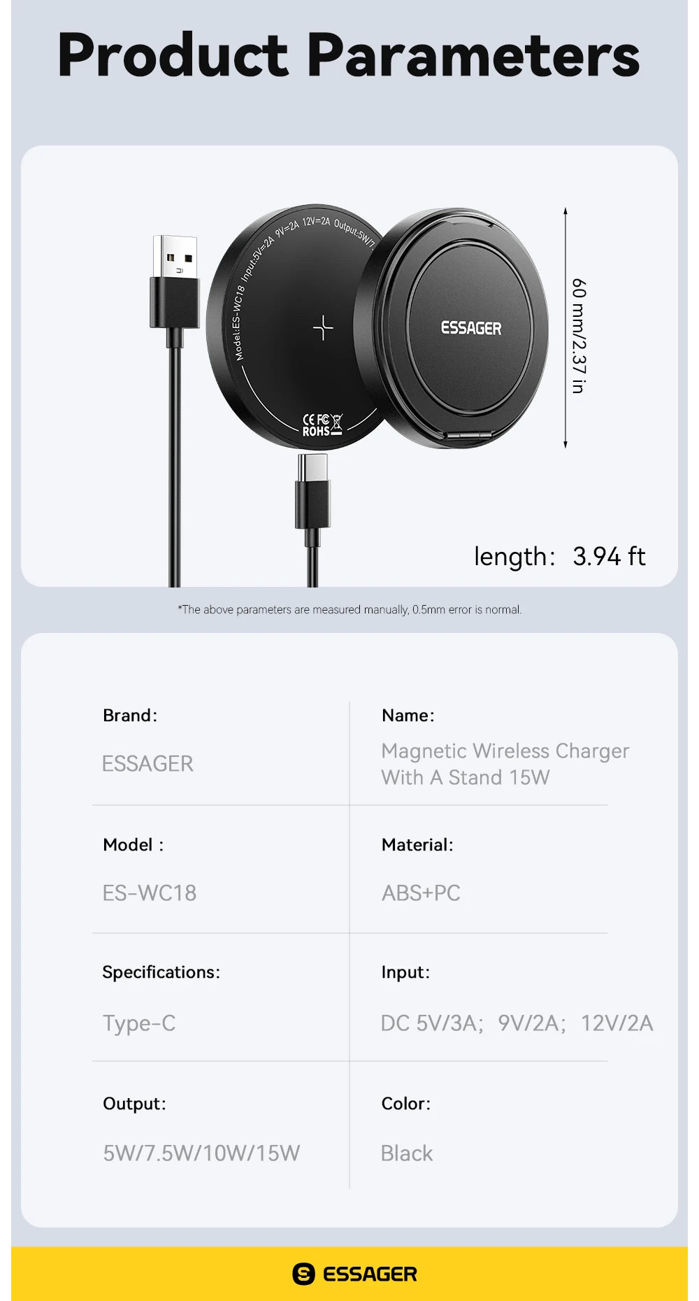 ESSAGER 15W Magnetic Wireless Charger Fast Charging Pad
