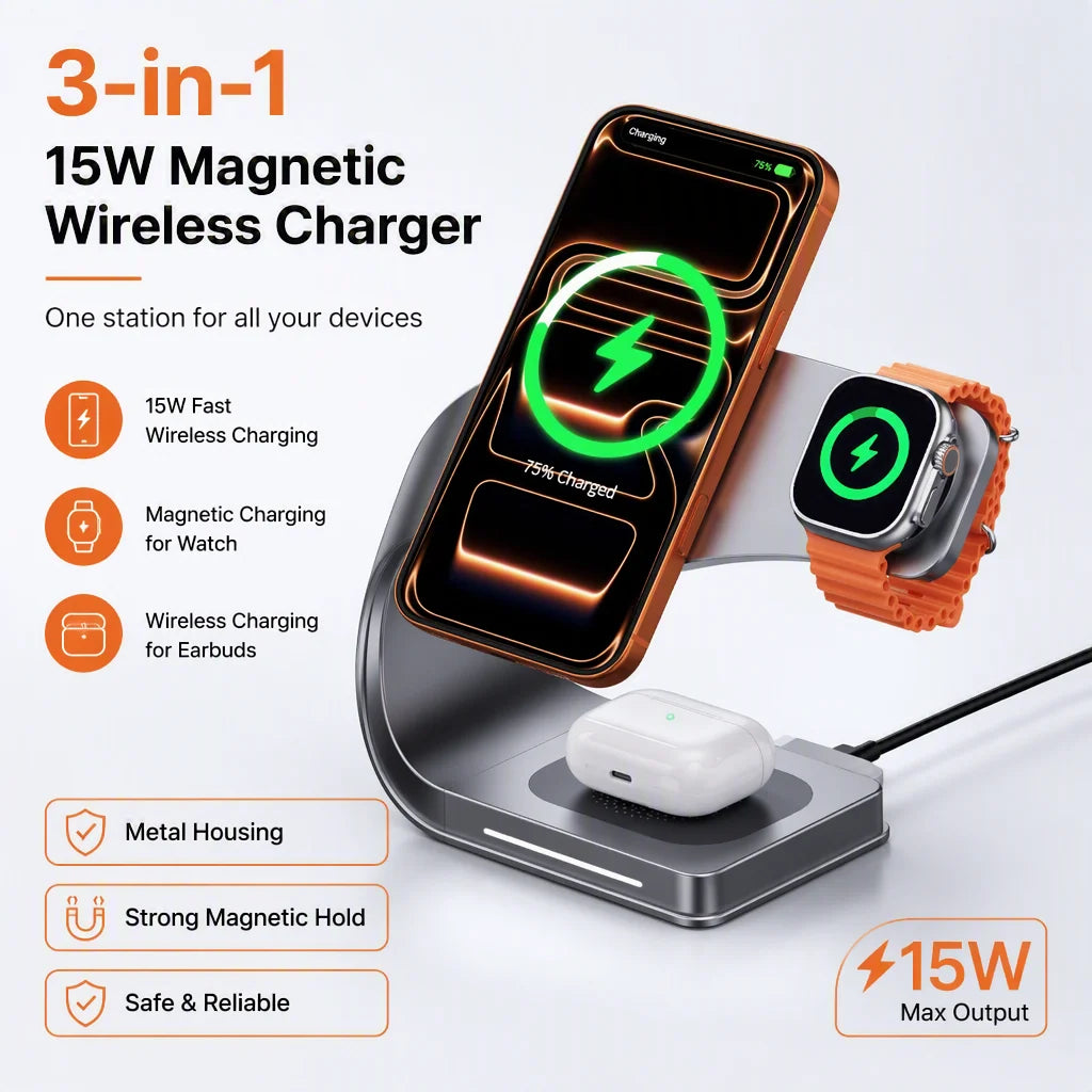 حامل الشحن اللاسلكي المغناطيسي CrownQu بقوة 15 واط مع مؤشر LED