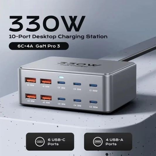 شاحن سطح مكتب 330 واط 10 منافذ GaN محطة شحن سريع USB C