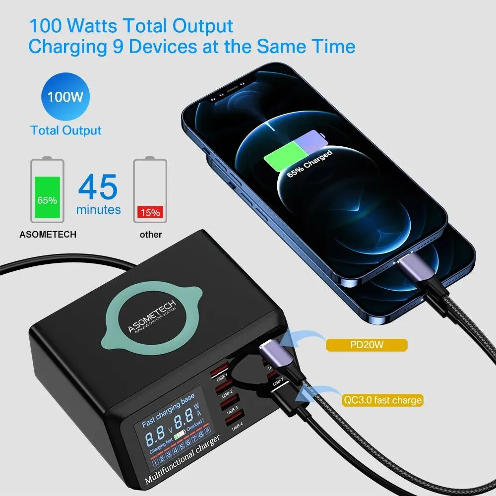 ASOMETECH 100W 9 Port USB C Charging Station with Wireless Charger