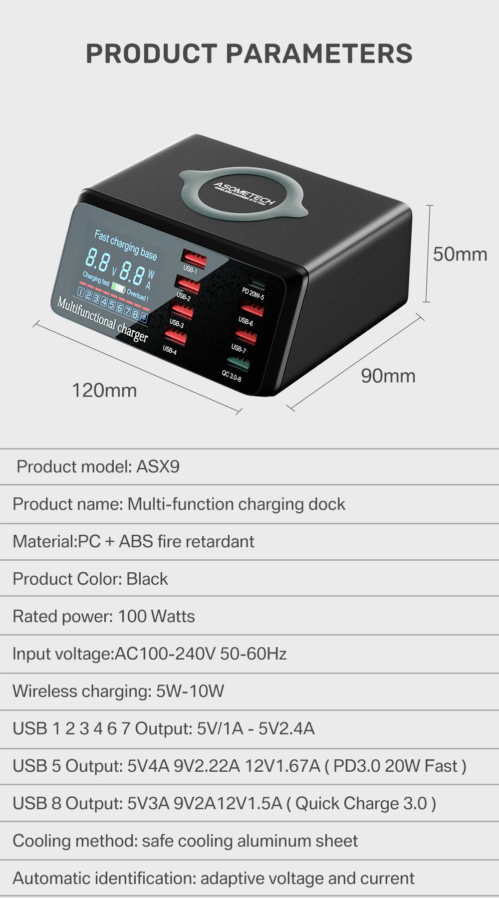ASOMETECH 100W 9 Port USB C Charging Station with Wireless Charger