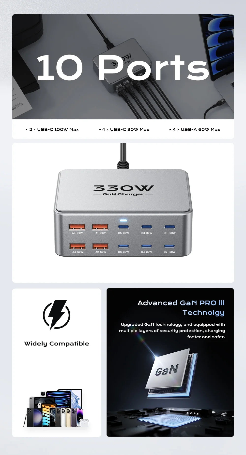 330W 10 Port GaN Desktop Charger USB C Fast Charging Station