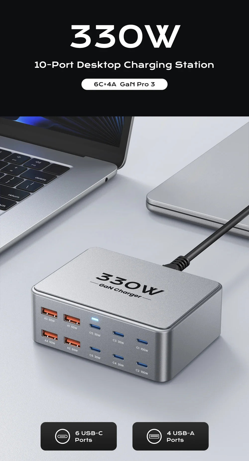 330W 10 Port GaN Desktop Charger USB C Fast Charging Station