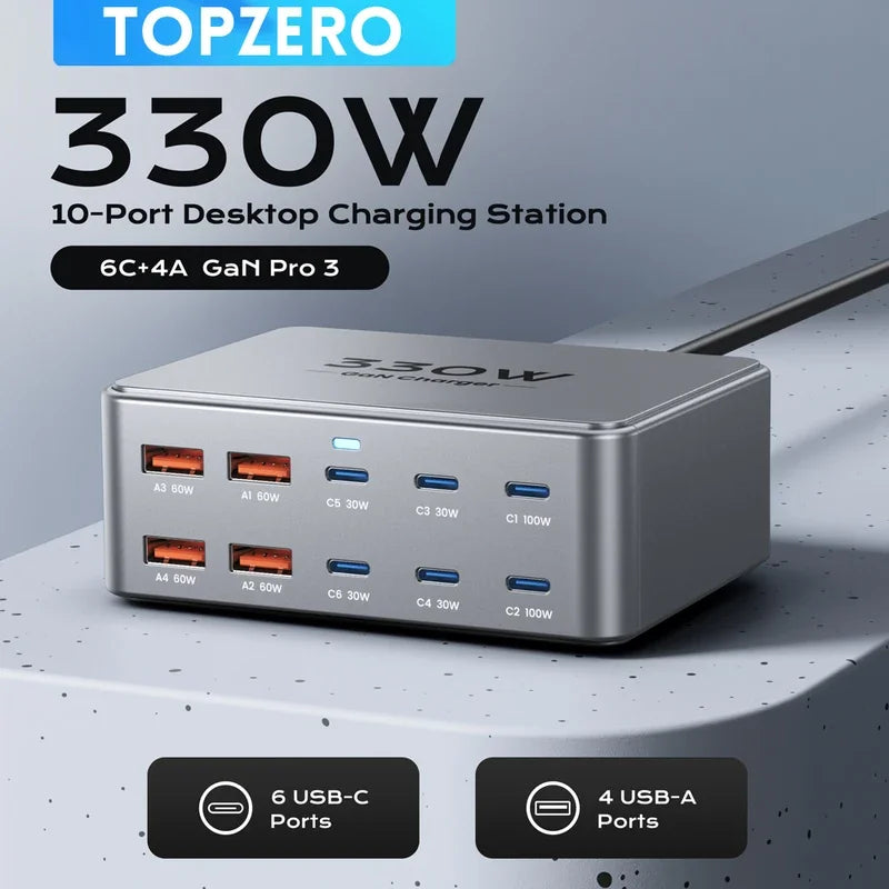 330W 10 Port GaN Desktop Charger USB C Fast Charging Station