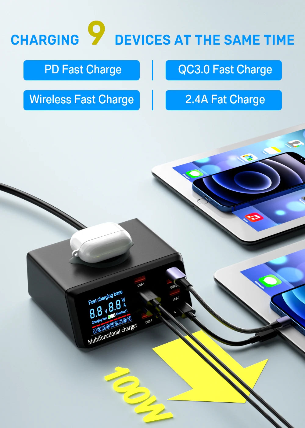 ASOMETECH 100W 9 Port USB C Charging Station with Wireless Charger